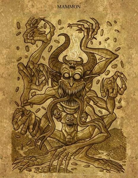 На фото: Маммона обычно изображается в виде золотого идола, схожего с фигурой дьявола, который рассыпает вокруг себя деньги.
